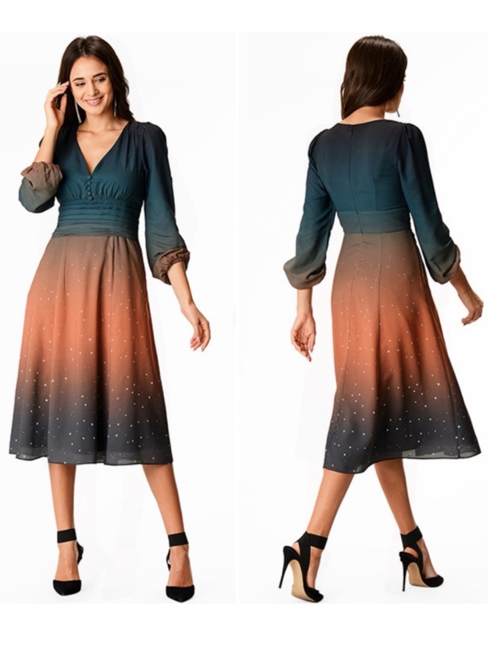 Wayward Fancies eShakti Ombre Star Print Crepe Pleated Empire Dress Size Large
